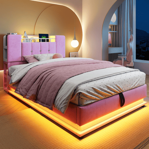 Cama infantil 90x200 cm - Com iluminação LED, porta USB, armazenamento hidráulico, estofamento em veludo, estrutura metálica - Rosa