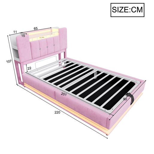 Cama infantil 90x200 cm - Com iluminação LED, porta USB, armazenamento hidráulico, estofamento em veludo, estrutura metálica - Rosa