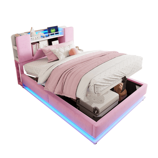 Cama infantil 90x200 cm - Com iluminação LED, porta USB, armazenamento hidráulico, estofamento em veludo, estrutura metálica - Rosa