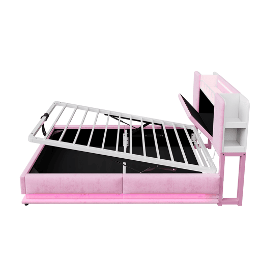 Cama infantil 90x200 cm - Com iluminação LED, porta USB, armazenamento hidráulico, estofamento em veludo, estrutura metálica - Rosa