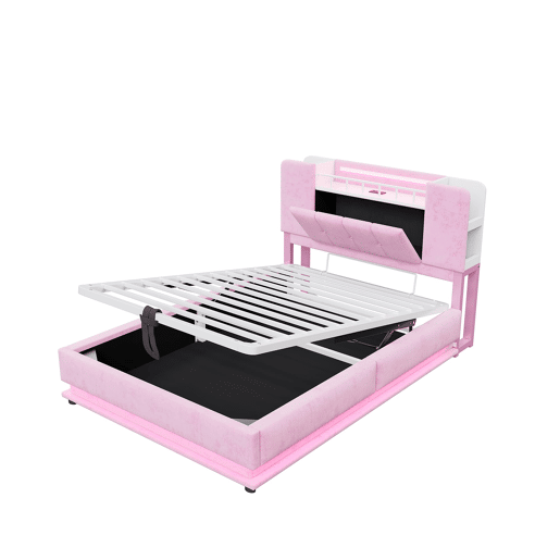 Cama infantil 90x200 cm - Com iluminação LED, porta USB, armazenamento hidráulico, estofamento em veludo, estrutura metálica - Rosa
