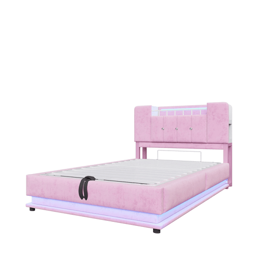 Cama infantil 90x200 cm - Com iluminação LED, porta USB, armazenamento hidráulico, estofamento em veludo, estrutura metálica - Rosa