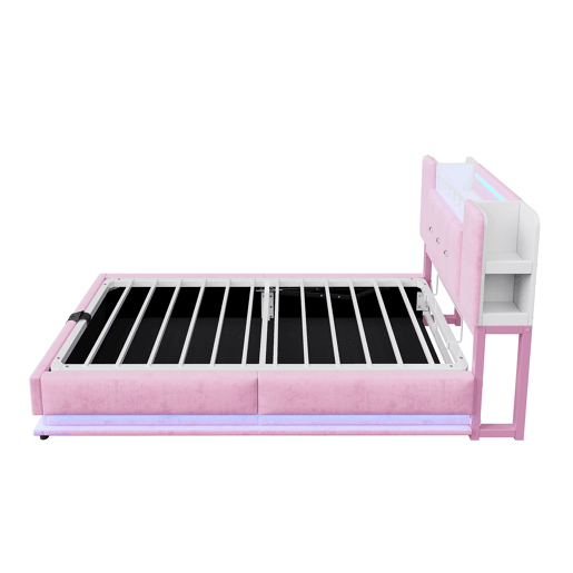 Cama infantil 90x200 cm - Com iluminação LED, porta USB, armazenamento hidráulico, estofamento em veludo, estrutura metálica - Rosa