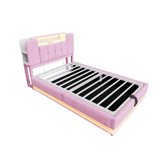 Cama infantil 90x200 cm - Com iluminação LED, porta USB, armazenamento hidráulico, estofamento em veludo, estrutura metálica - Rosa