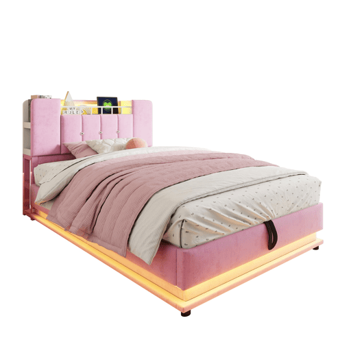 Cama infantil 90x200 cm - Com iluminação LED, porta USB, armazenamento hidráulico, estofamento em veludo, estrutura metálica - Rosa