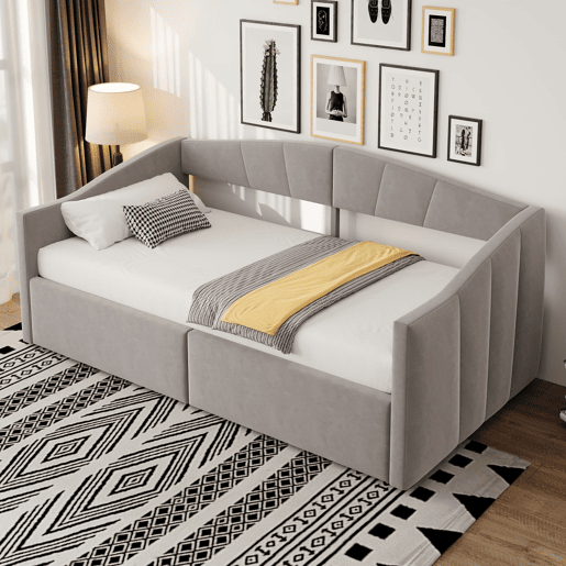 Sofá-cama 90x200 cm - Com arrumação hidráulica, com estrado e braços - Cinza claro