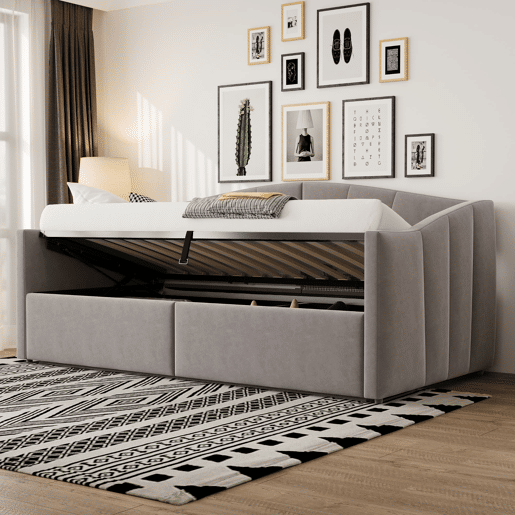 Sofá-cama 90x200 cm - Com arrumação hidráulica, com estrado e braços - Cinza claro