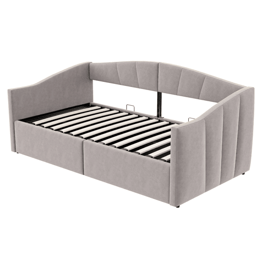 Sofá-cama 90x200 cm - Com arrumação hidráulica, com estrado e braços - Cinza claro