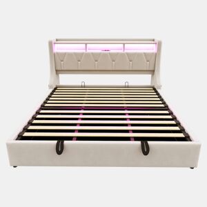 Cama estofada 180x200 cm - Cama com arrumação hidráulica, cabeceira rebatível, com tomada e prateleira, iluminação LED, pés largos, tecido de veludo bege