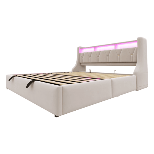 Cama estofada 180x200 cm - Cama com arrumação hidráulica, cabeceira rebatível, com tomada e prateleira, iluminação LED, pés largos, tecido de veludo bege