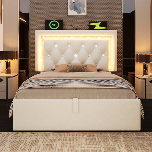 Cama individual 90x200 u2013 LED, USBType-C e baú hidráulico u2013 Bege