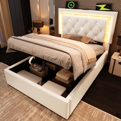 Cama individual 90x200 u2013 LED, USBType-C e baú hidráulico u2013 Bege