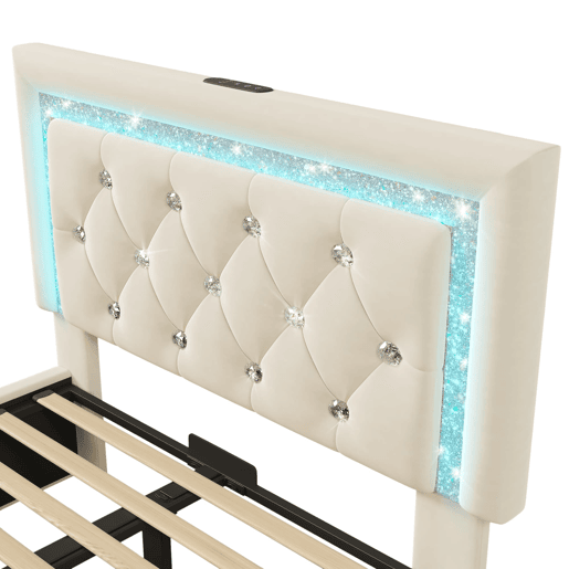 Cama individual 90x200 u2013 LED, USBType-C e baú hidráulico u2013 Bege