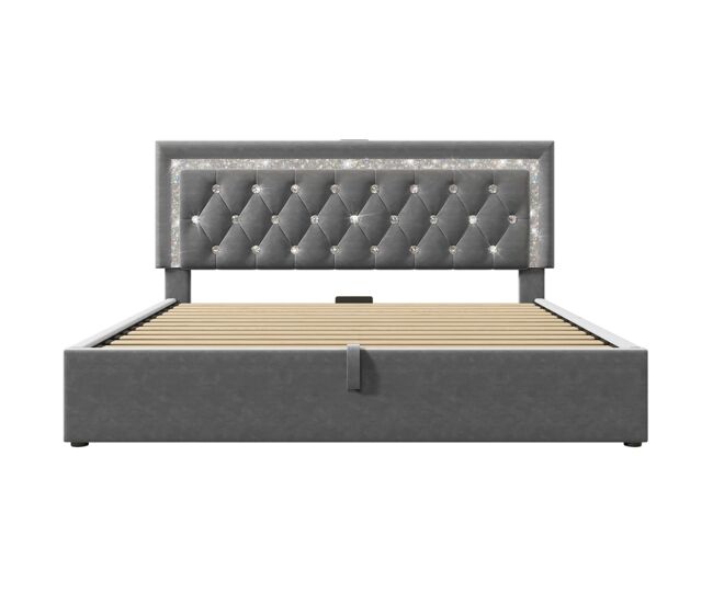Cama tapizada 140x200 cm - led en cabecero, usb/type-c, almacenamiento hidráulico - gris