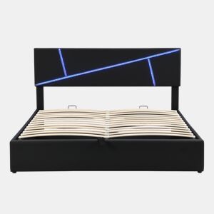 Cama de casal 140x200 cm - Estofada com LED, encosto e função hidráulica - Preto