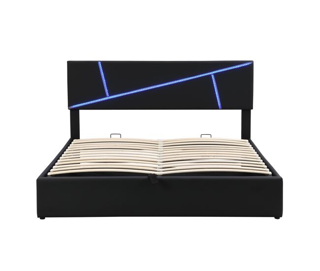 Cama doble 140x200 cm - tapizada con led, respaldo y función hidráulica - negro