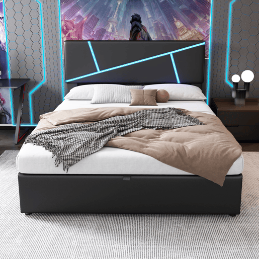Cama de casal 140x200 cm - Estofada com LED, encosto e função hidráulica - Preto