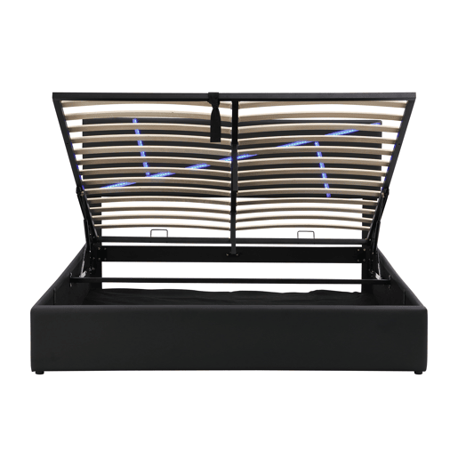 Cama de casal 140x200 cm - Estofada com LED, encosto e função hidráulica - Preto