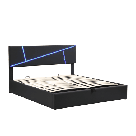 Cama de casal 140x200 cm - Estofada com LED, encosto e função hidráulica - Preto
