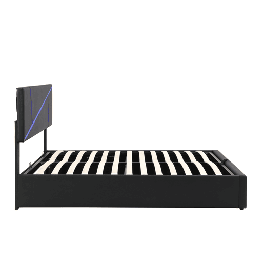 Cama de casal 140x200 cm - Estofada com LED, encosto e função hidráulica - Preto