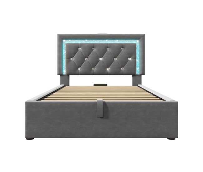 Cama individual 90x200 – led en cabecero, usb/type-c, arcón hidráulico – gris