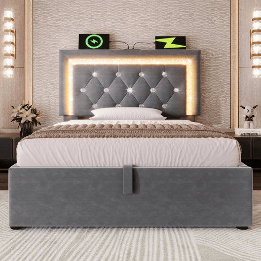 Cama individual 90x200 u2013 LED na cabeceira, USBType-C, baú hidráulico u2013 Cinza