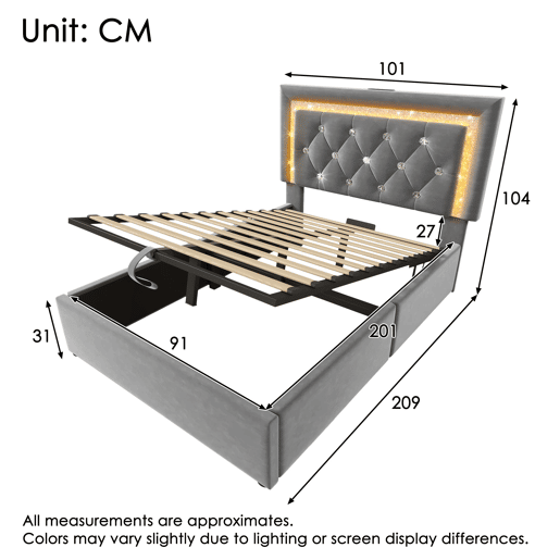 Cama individual 90x200 u2013 LED na cabeceira, USBType-C, baú hidráulico u2013 Cinza