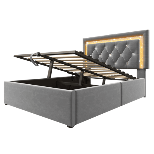 Cama individual 90x200 u2013 LED na cabeceira, USBType-C, baú hidráulico u2013 Cinza