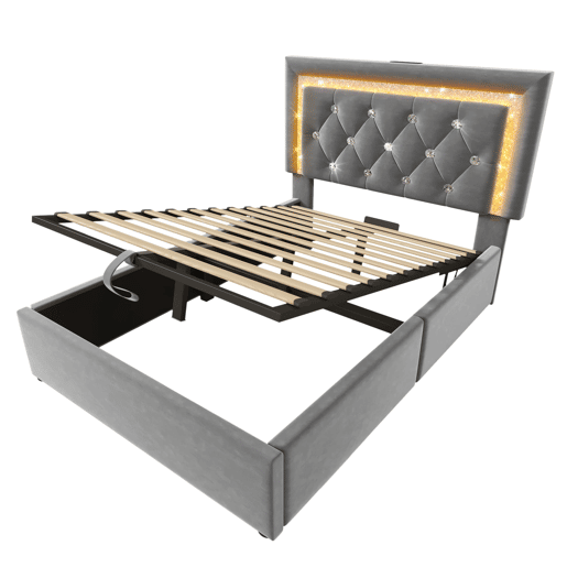 Cama individual 90x200 u2013 LED na cabeceira, USBType-C, baú hidráulico u2013 Cinza