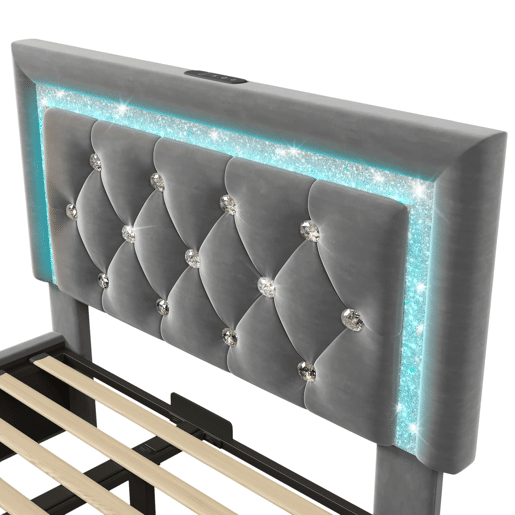 Cama individual 90x200 u2013 LED na cabeceira, USBType-C, baú hidráulico u2013 Cinza