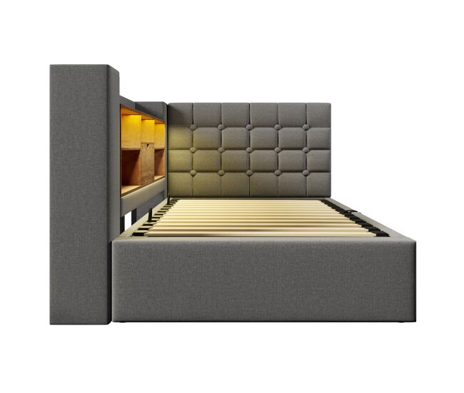Cama individual 90x200 – led, almacenaje hidráulico, cabecero en l con estantes – gris