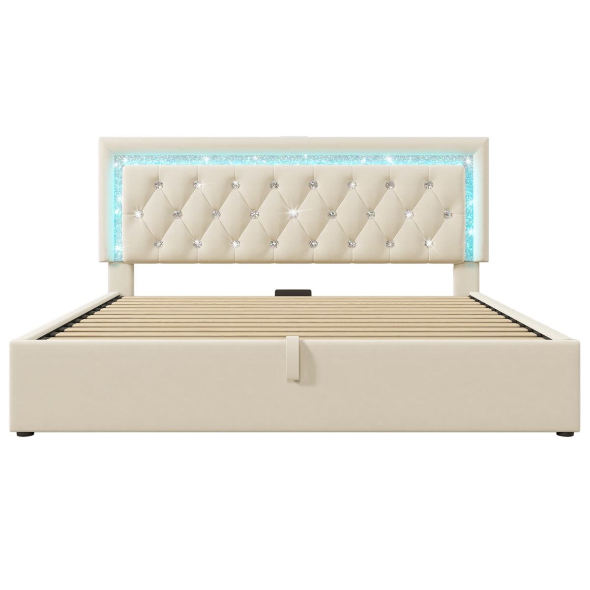 Cama tapizada 140x200 cm - led, usb/type-c, almacenamiento hidráulico, moderno - beige