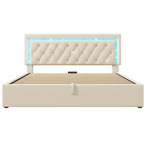 Cama estofada 140x200 cm - LED, USBType-C, armazenamento hidráulico, moderna - Bege Cama estofada 140x200 cm - LED, USBType-C, armazenamento hidráulico, moderna - Bege