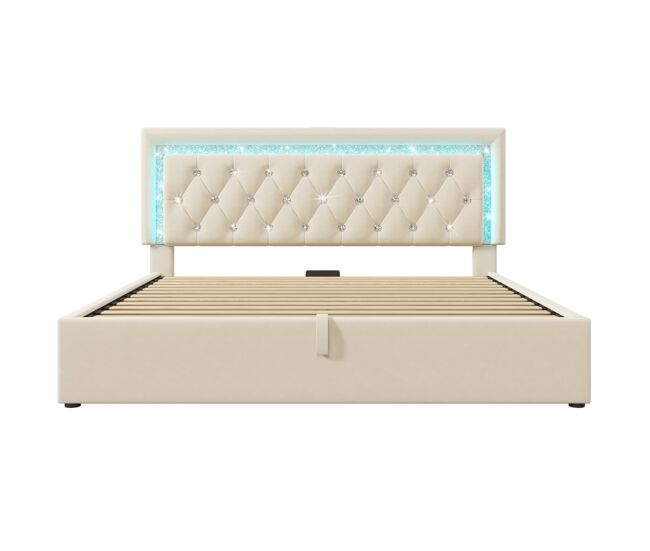 Cama tapizada 140x200 cm - led, usb/type-c, almacenamiento hidráulico, moderno - beige