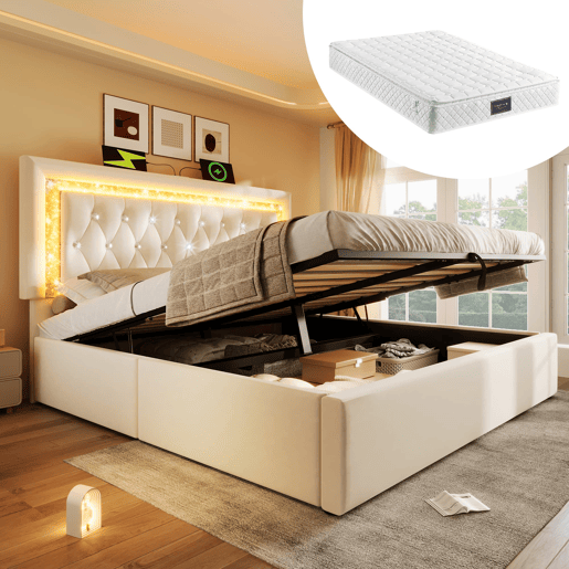 Cama estofada 140x200 cm - LED, USBType-C, armazenamento hidráulico, moderna - Bege Cama estofada 140x200 cm - LED, USBType-C, armazenamento hidráulico, moderna - Bege