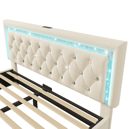 Cama estofada 140x200 cm - LED, USBType-C, armazenamento hidráulico, moderna - Bege Cama estofada 140x200 cm - LED, USBType-C, armazenamento hidráulico, moderna - Bege