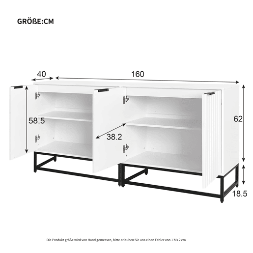 Aparador 160x40x80 cm - 2 portas, metal, pernas com estrutura - Branco