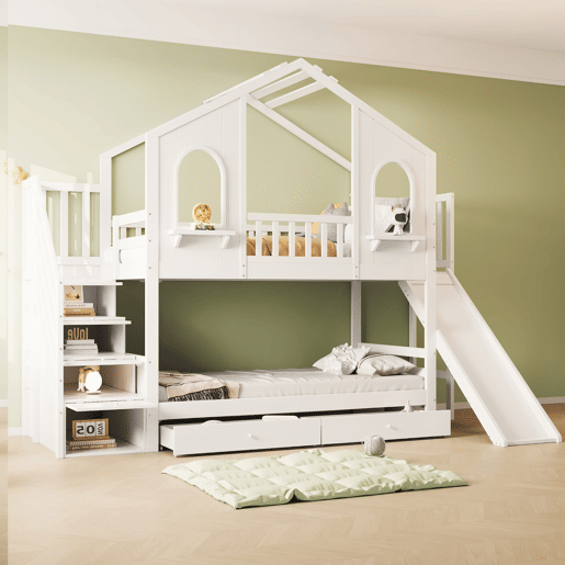 Beliche infantil 90 x 200 cm - Casa com janelas curvas, escada de arrumação e escorrega, branco