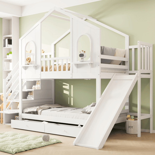 Beliche infantil 90 x 200 cm - Casa com janelas curvas, escada de arrumação e escorrega, branco