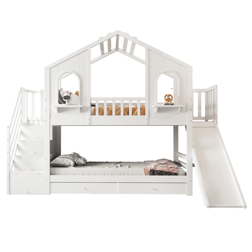 Beliche infantil 90 x 200 cm - Casa com janelas curvas, escada de arrumação e escorrega, branco