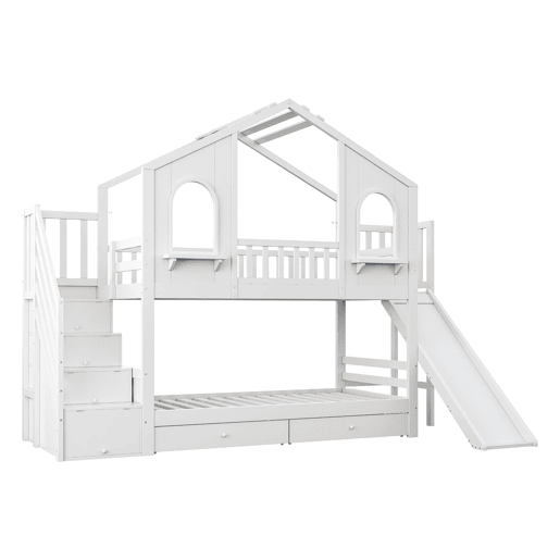 Beliche infantil 90 x 200 cm - Casa com janelas curvas, escada de arrumação e escorrega, branco