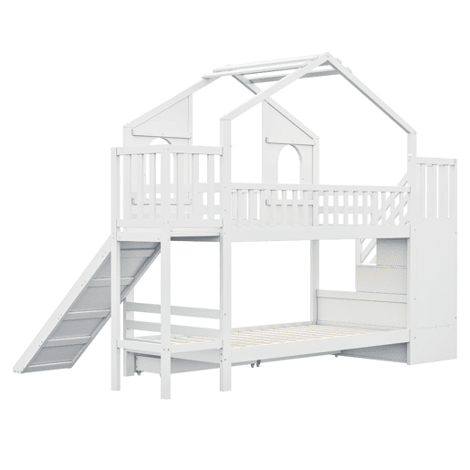 Beliche infantil 90 x 200 cm - Casa com janelas curvas, escada de arrumação e escorrega, branco