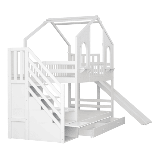 Beliche infantil 90 x 200 cm - Casa com janelas curvas, escada de arrumação e escorrega, branco
