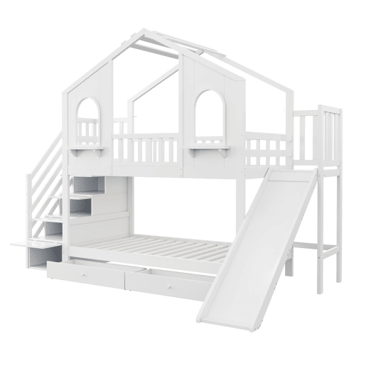 Beliche infantil 90 x 200 cm - Casa com janelas curvas, escada de arrumação e escorrega, branco