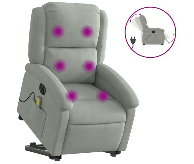Sillón de masaje reclinable elevable - sillón relax terciopelo gris claro