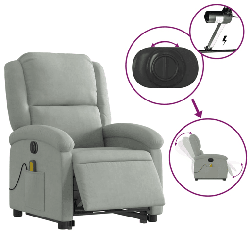 Poltrona de massagens reclinável - Poltrona relax elétrica veludo cinzento-claro
