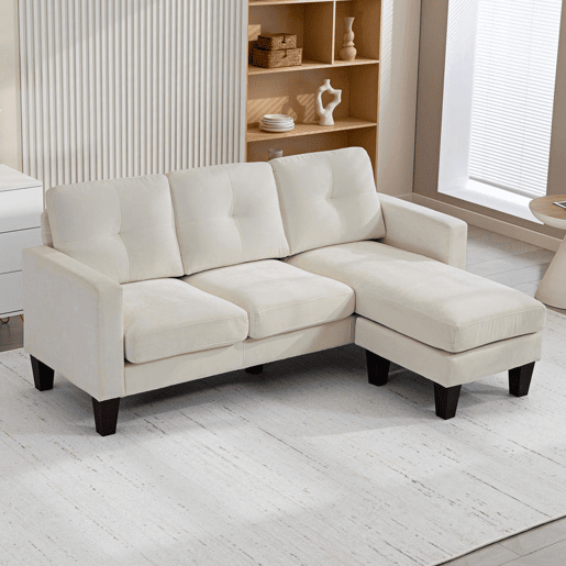 HOMCOM Sofá Chaise Longue Sofá em Forma de L Estofado em Poliéster Sofá de Canto Reversível com 3 Almofadas e Pés de Madeira para Sala de Estar Carga Máxima 180 kg 186x130x84 cm Creme