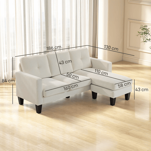 HOMCOM Sofá Chaise Longue Sofá em Forma de L Estofado em Poliéster Sofá de Canto Reversível com 3 Almofadas e Pés de Madeira para Sala de Estar Carga Máxima 180 kg 186x130x84 cm Creme