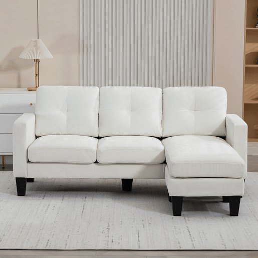 HOMCOM Sofá Chaise Longue Sofá em Forma de L Estofado em Poliéster Sofá de Canto Reversível com 3 Almofadas e Pés de Madeira para Sala de Estar Carga Máxima 180 kg 186x130x84 cm Creme