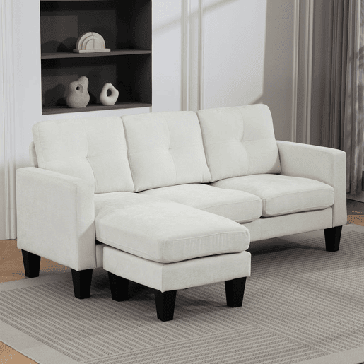 HOMCOM Sofá Chaise Longue Sofá em Forma de L Estofado em Poliéster Sofá de Canto Reversível com 3 Almofadas e Pés de Madeira para Sala de Estar Carga Máxima 180 kg 186x130x84 cm Creme